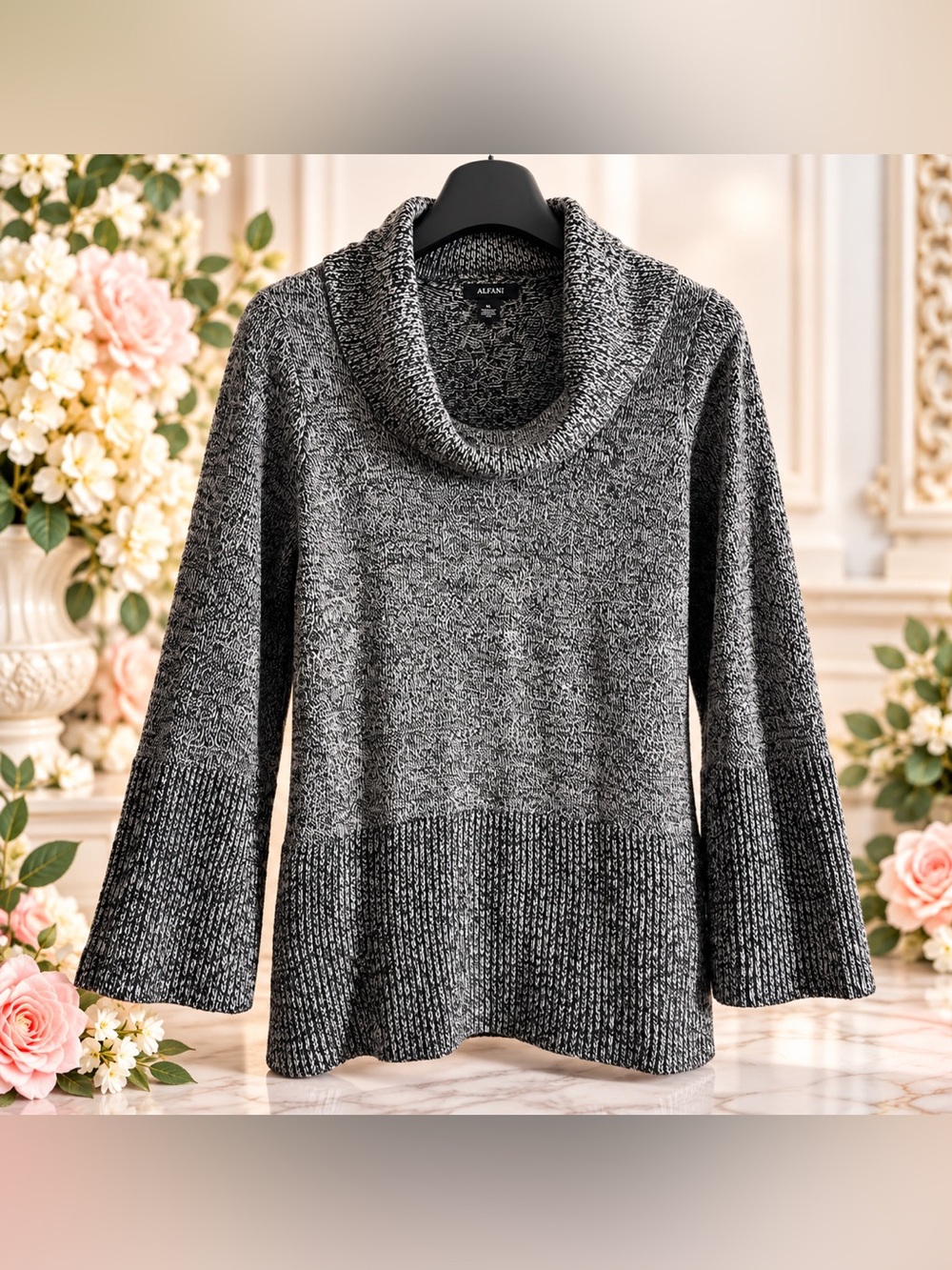 ALFANI XL Marled Gray Black Cowl Neck Knit Sweater Bell Sleeve